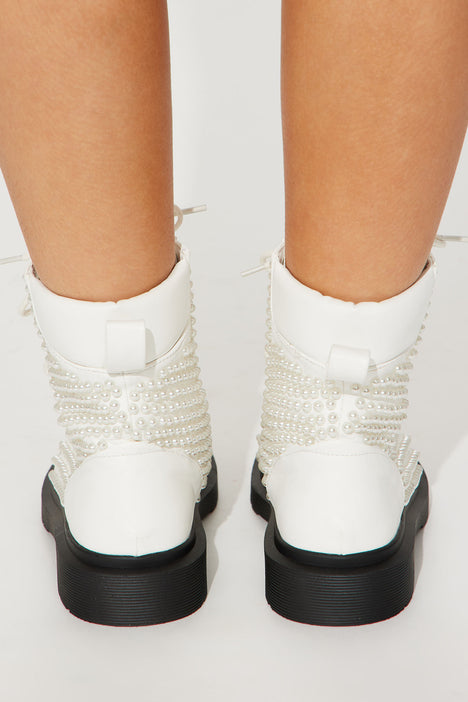 Lace Me In Pearls Combat Boots White Fashion Nova Shoes