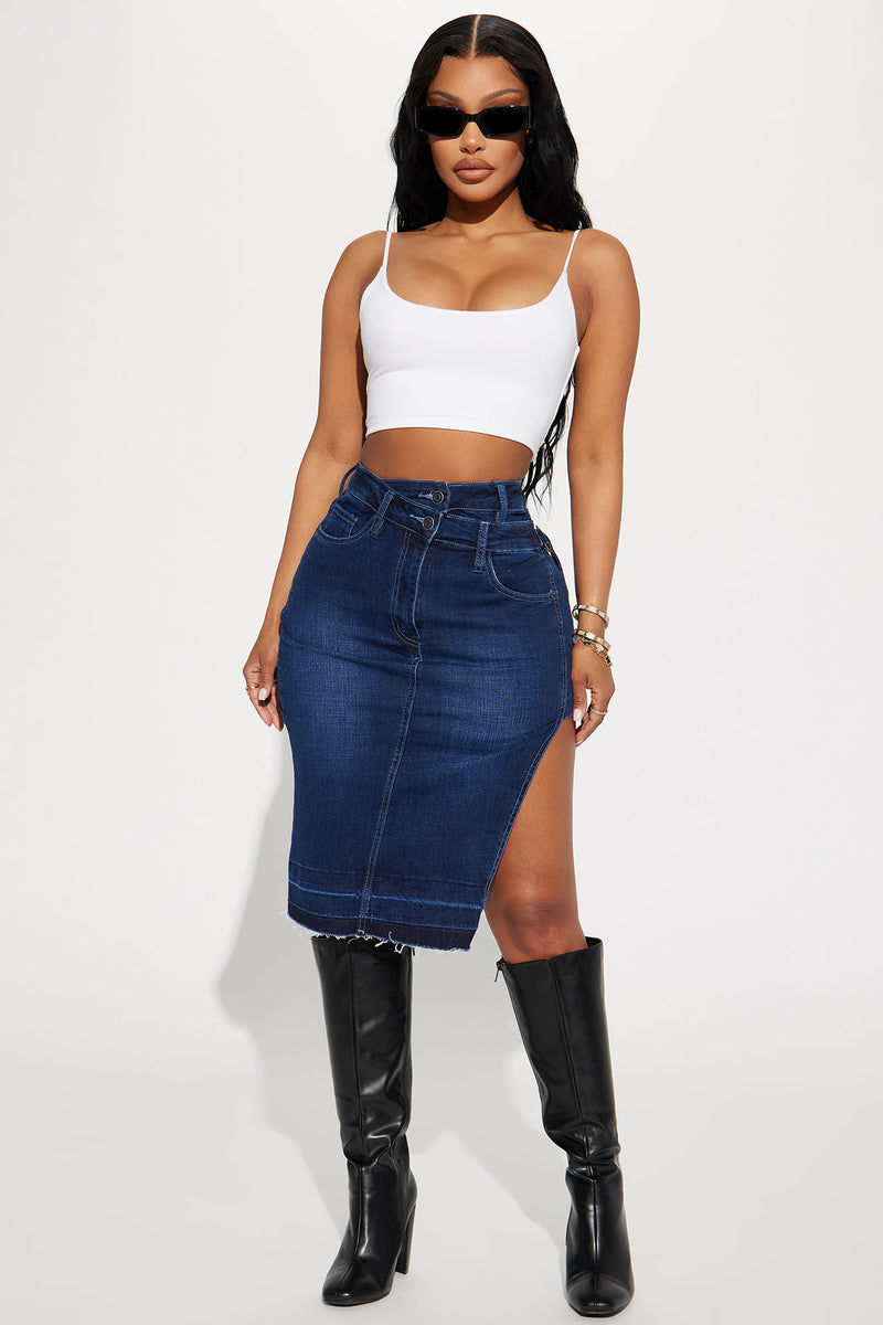 Made You Look Asymmetrical Slit Midi Skirt - Dark Wash | Fashion Nova ...