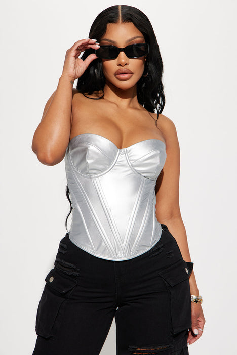 Bae For Tonight Faux Leather Corset Top - Silver
