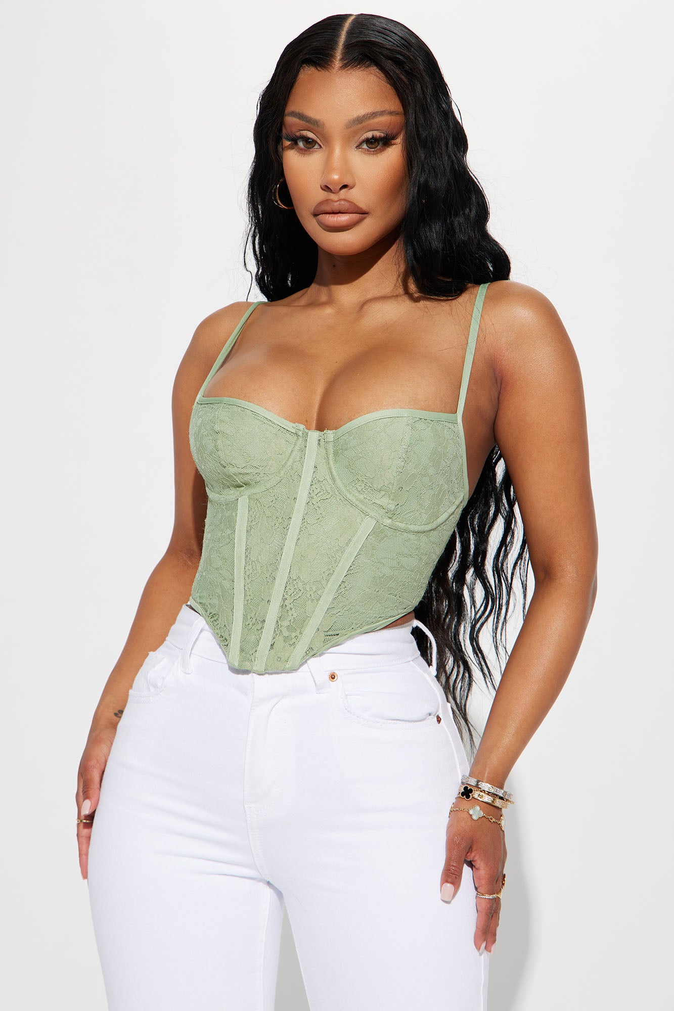 Brunch With Me Lace Corset Top - Sage