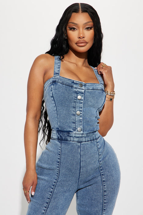 Fashion nova blue jean jumpsuit shop