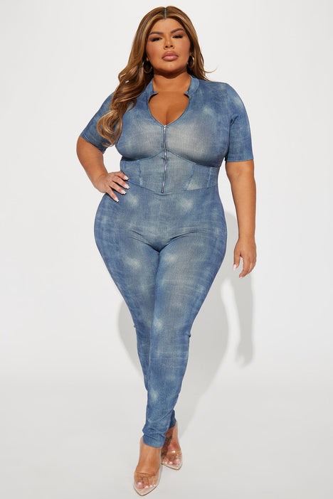 Denim jumpsuit fashion nova cheap