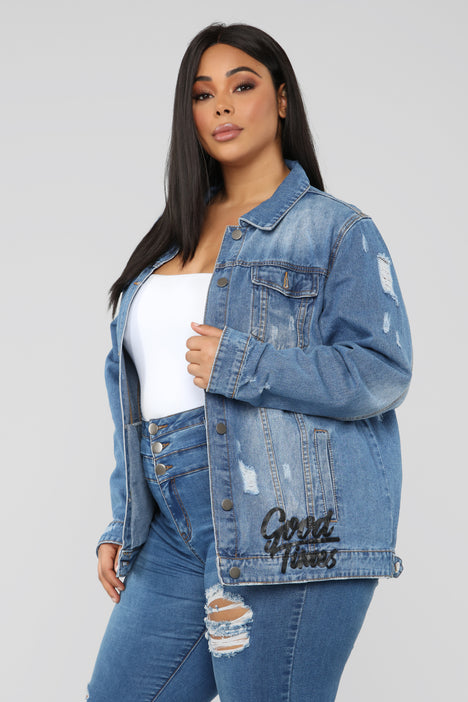 Distressed Tiger Denim Jacket Medium Wash Fashion Nova