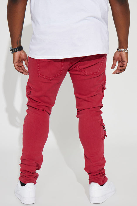 Inspect Me Cargo Stacked Skinny Jeans - Red, Fashion Nova, Mens Jeans