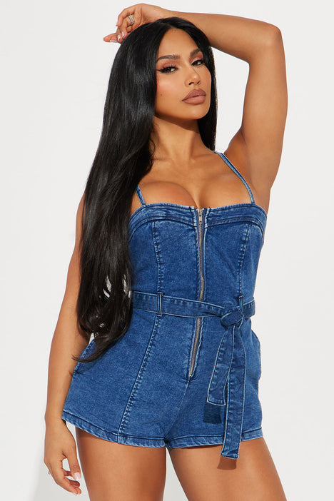 Fashion nova blue jean romper outlet