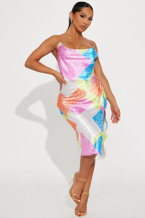 Bright Attitude Satin Midi Dress Multi Color