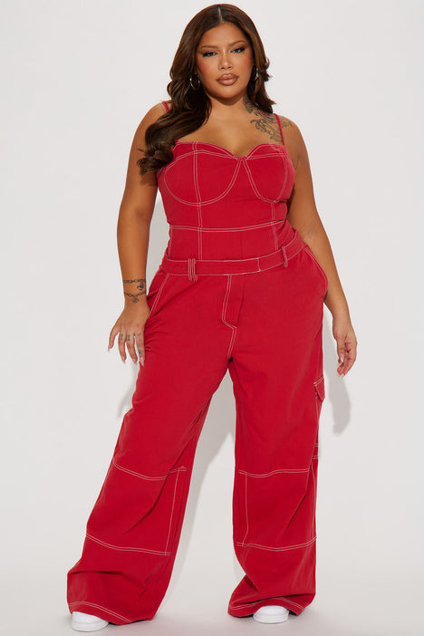 Red cargo jumpsuit outlet