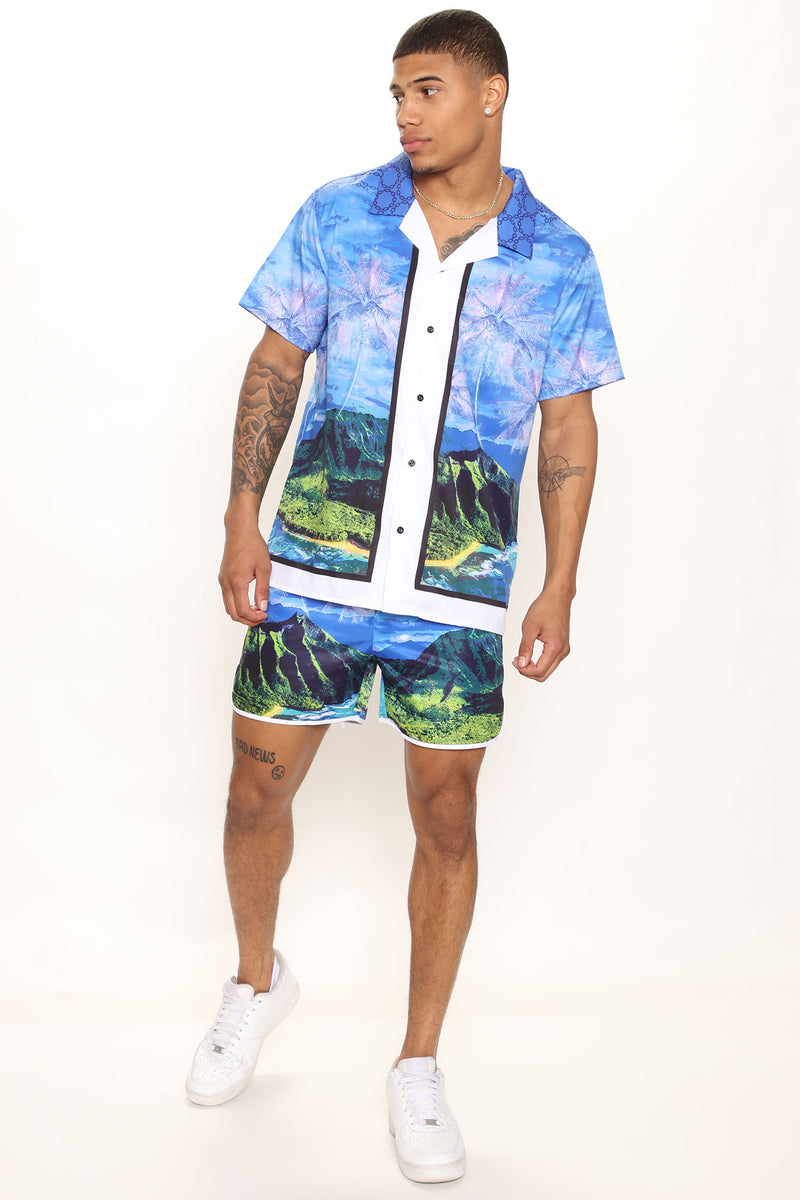 Aloha Mana Short Sleeve Woven Top - Blue/combo | Fashion Nova, Mens ...