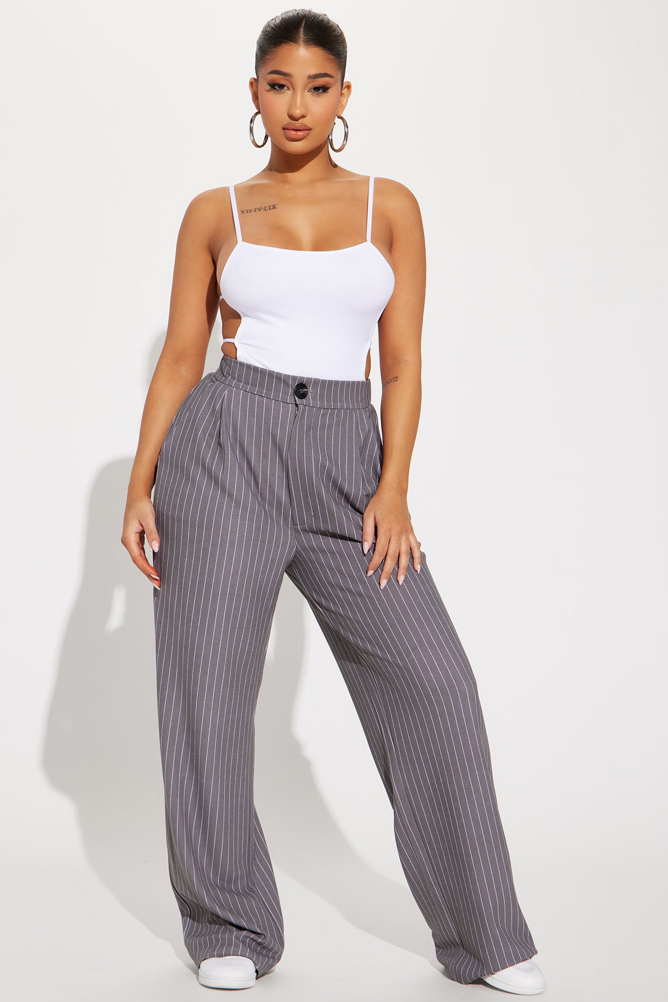 Grey pinstripe trousers womens sales