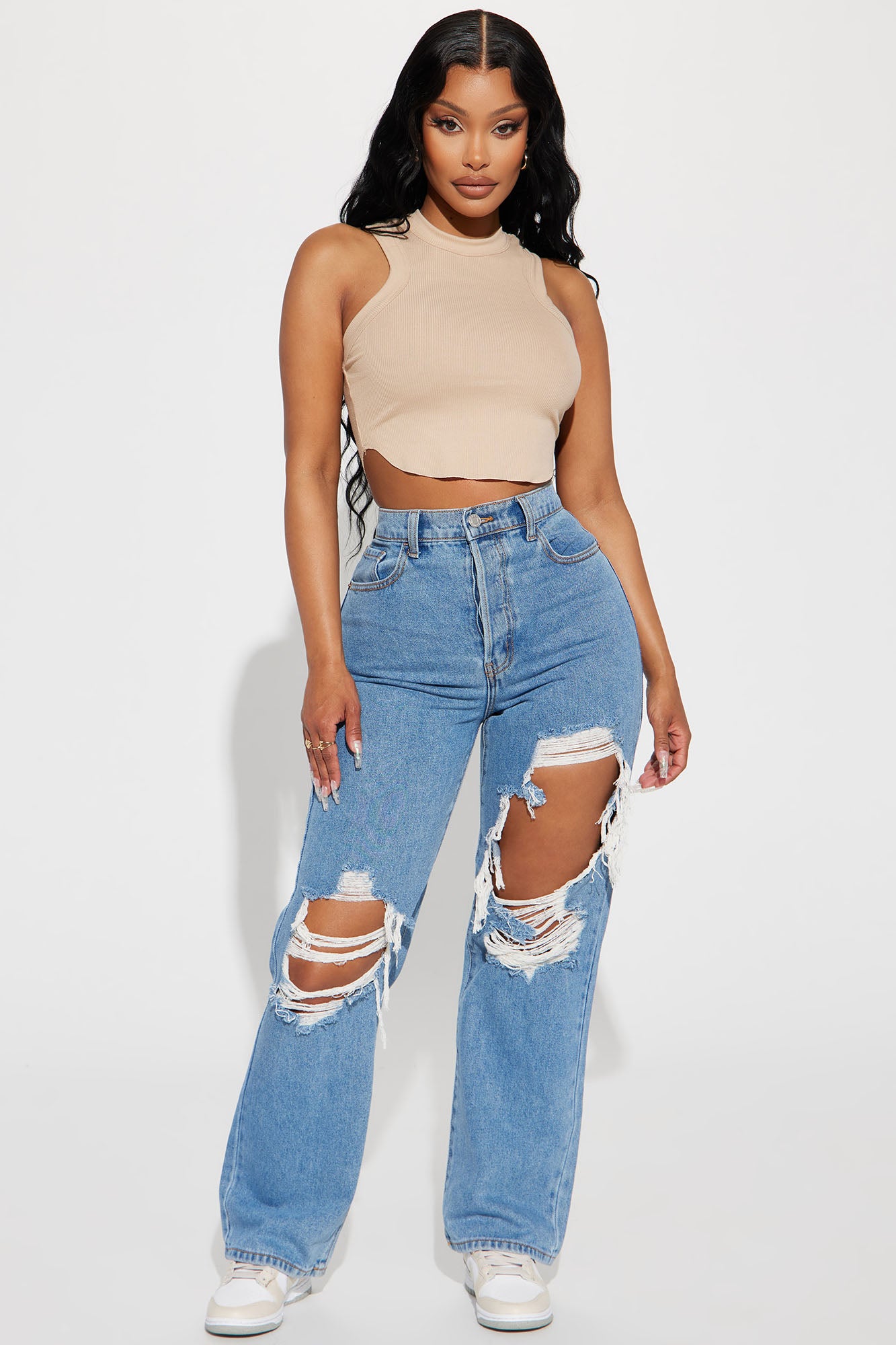 Drive You Crazy Ripped Non Stretch Straight Leg Jeans - Medium Wash, Fashion Nova, Jeans