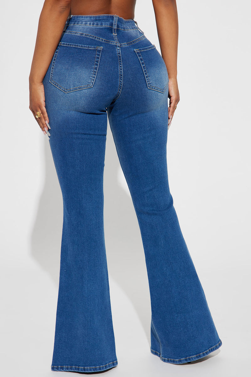 Not What It Seams Split Hem Flare Jeans - Medium Blue Wash | Fashion ...