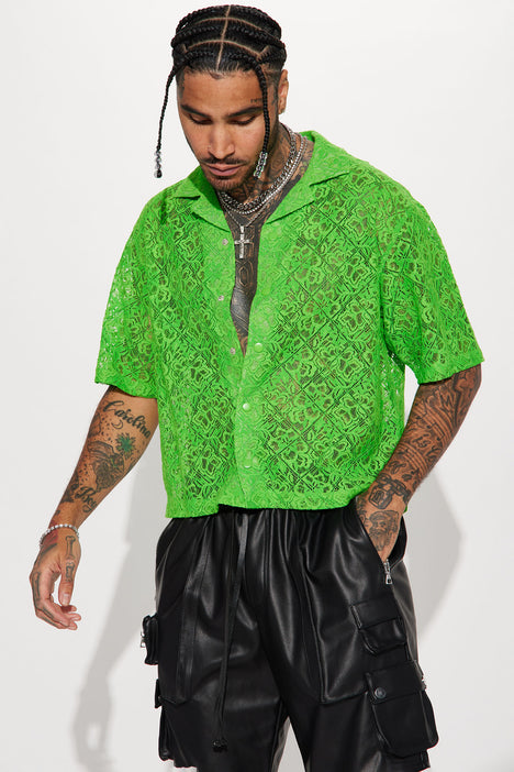 Dead Flowers Textured Cropped Button Up Shirt Green
