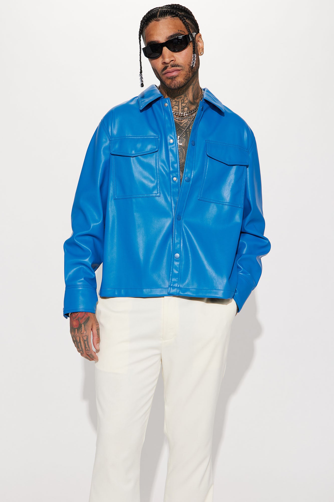 Blue faux best sale leather jacket mens