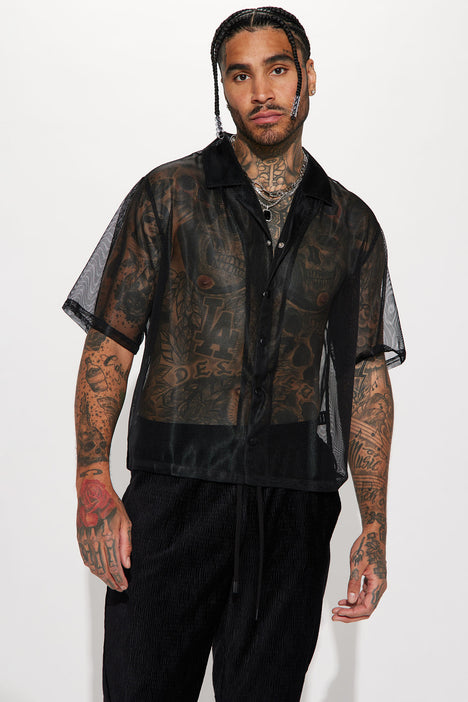 We Don't Mesh Cropped Button Up Shirt - Black