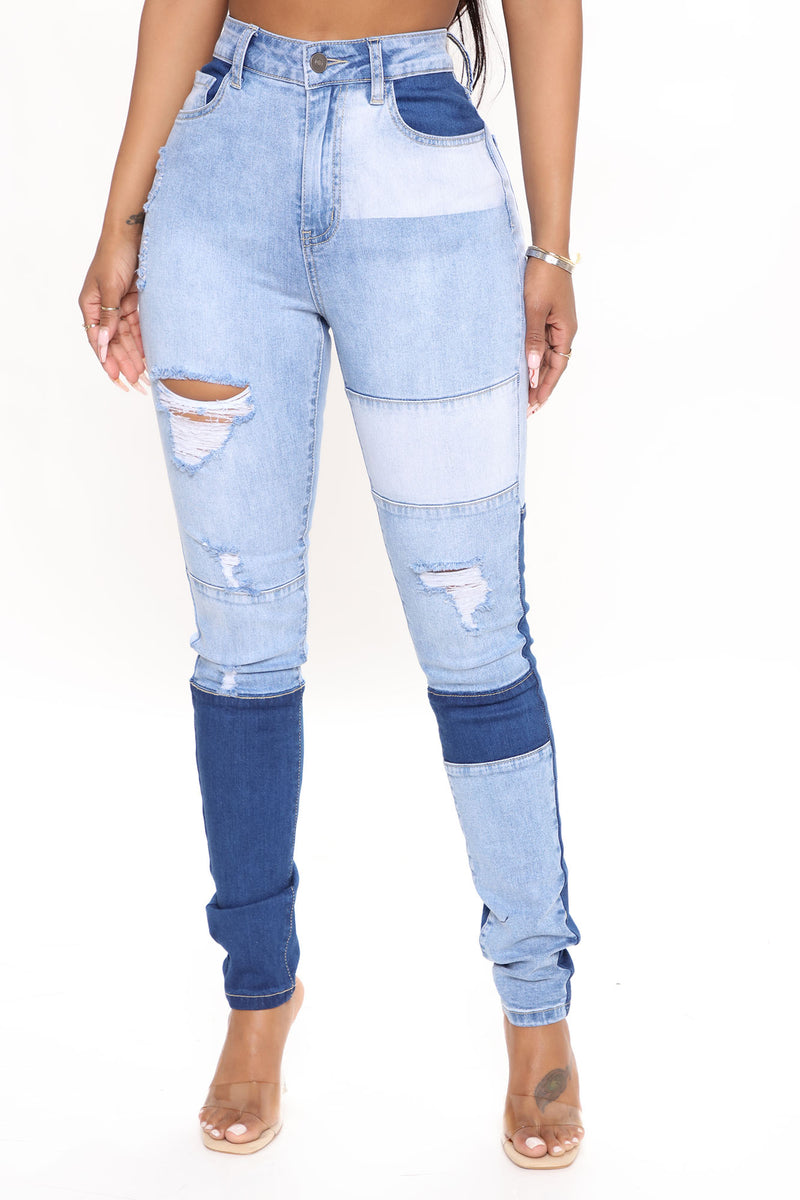 Magic Touch Stretch Patchwork Skinny Jeans - Medium Blue Wash | Fashion ...