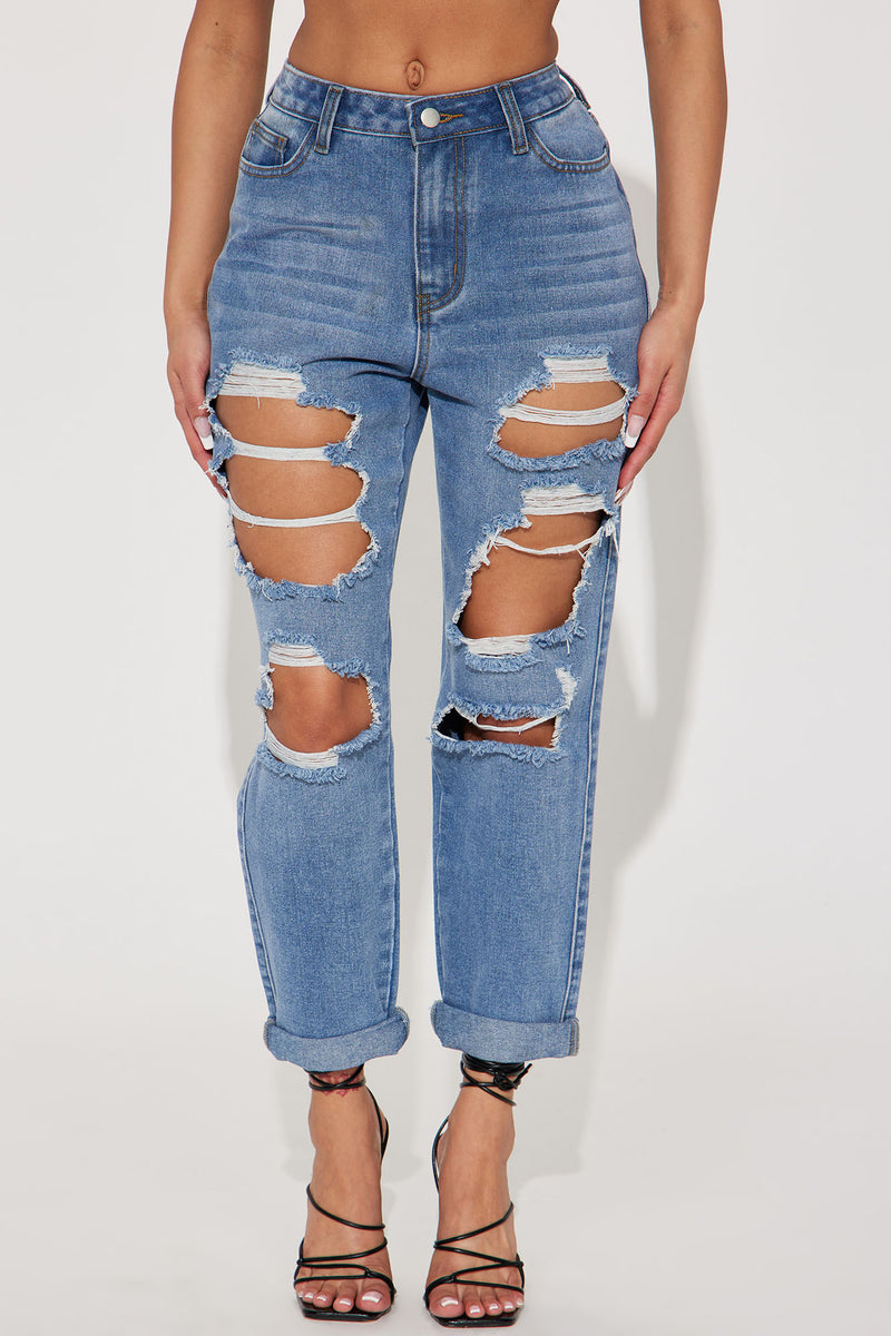 Get A Clue Ripped Non Stretch Mom Jeans - Medium Wash | Fashion Nova ...