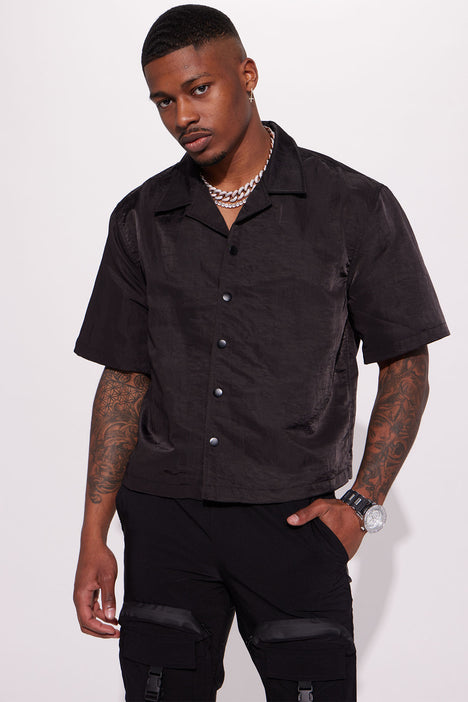 As It Was Cropped Nylon Button Up Shirt Black