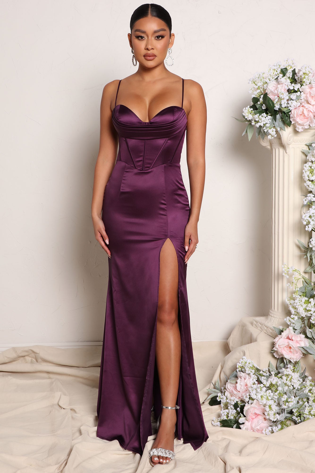 Ruched Purple Satin Tulip One Shoulder Prom Gown - Promfy
