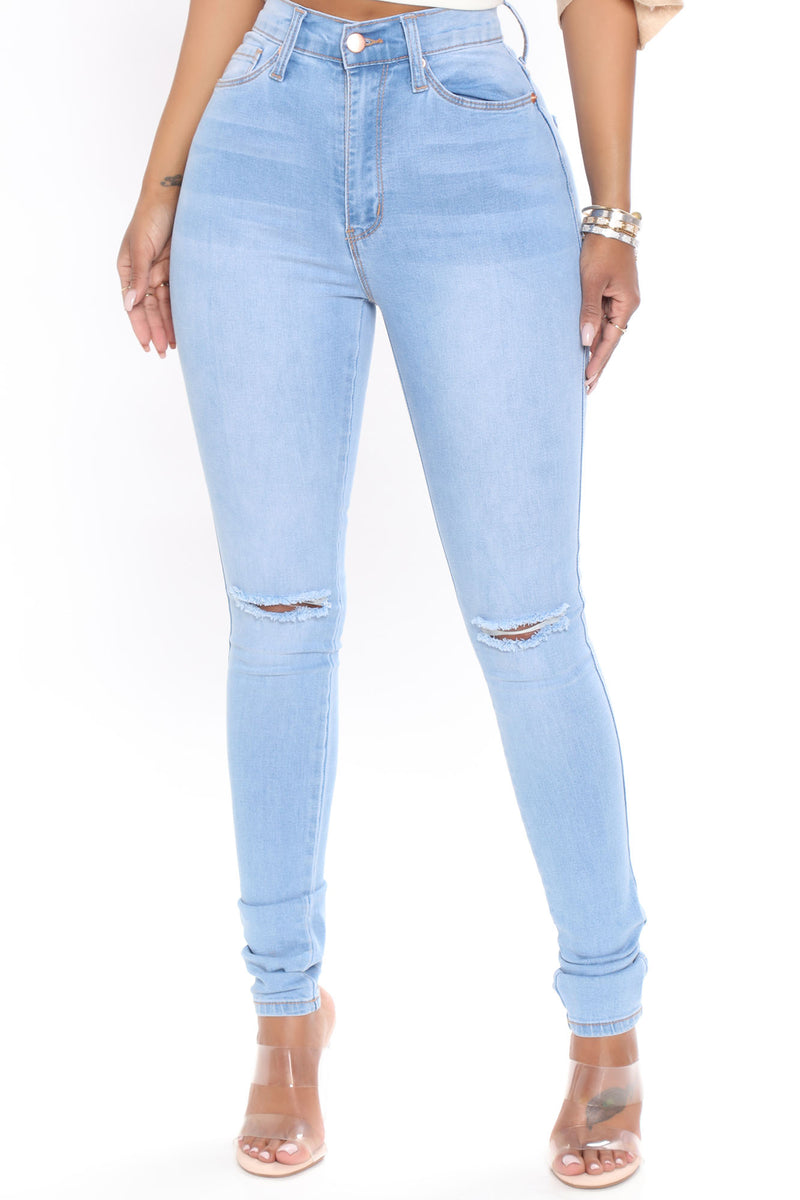 Kiara Slit Knee Stretch Skinny Jeans - Light Blue Wash | Fashion Nova ...