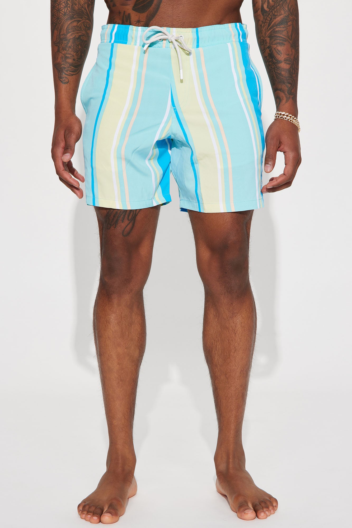 Striped Down Swim Trunks Aqua Combo