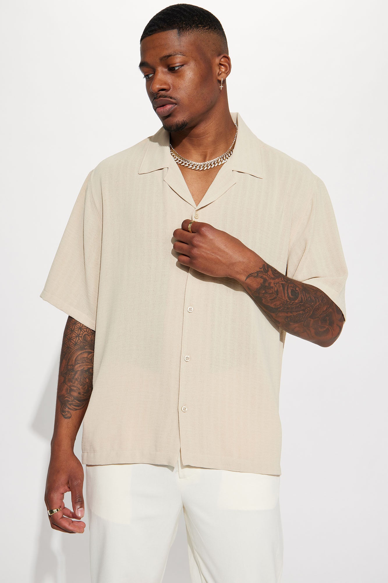 Dune Textured Short Sleeve Button Up Shirt - Cream