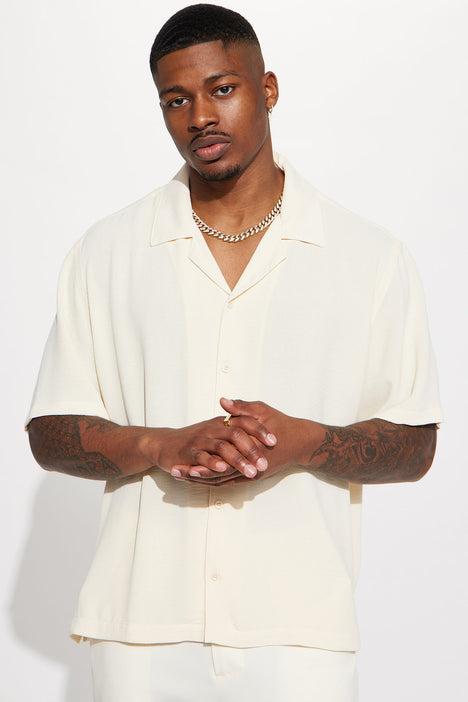 High Tide Textured Short Sleeve Button Up Shirt Cream Fashion