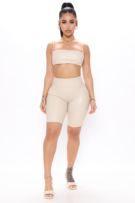 Let s Play Faux Leather Biker Shorts Cream Fashion Nova