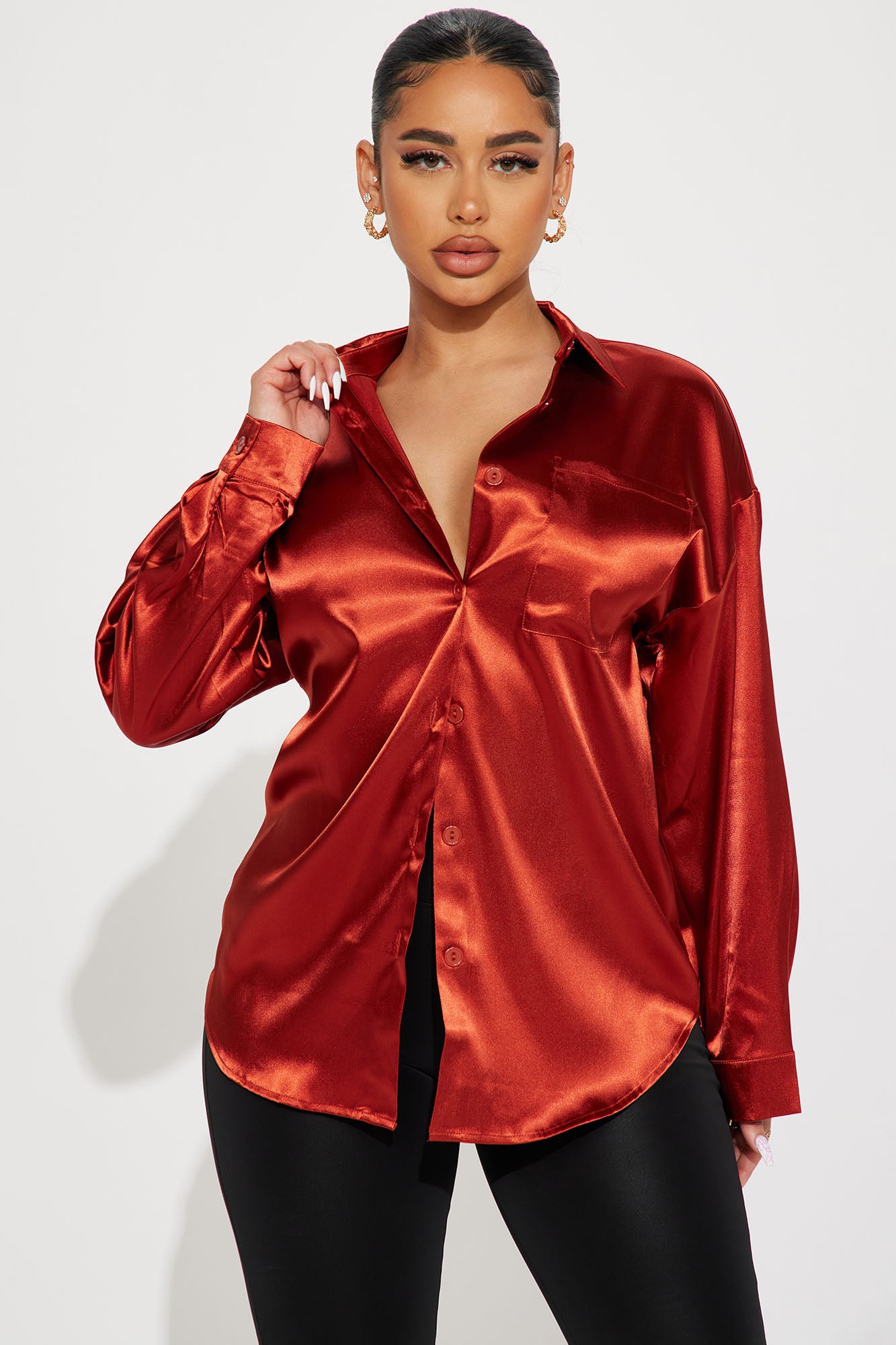 Me Later Satin Shirt - Rust | Fashion Nova, Shirts Blouses | Nova