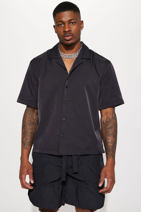 Men's Stormy Iridescent Nylon Button Up Shirt in Black Size Medium by Fashion Nova | Fashion Nova