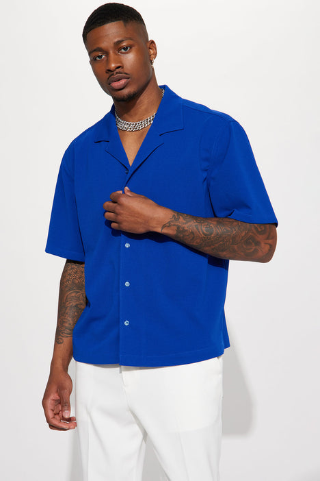 Tread Lightly Textured Short Sleeve Button Up Blue