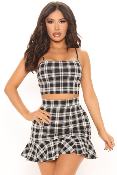 Black and white shop plaid skirt set