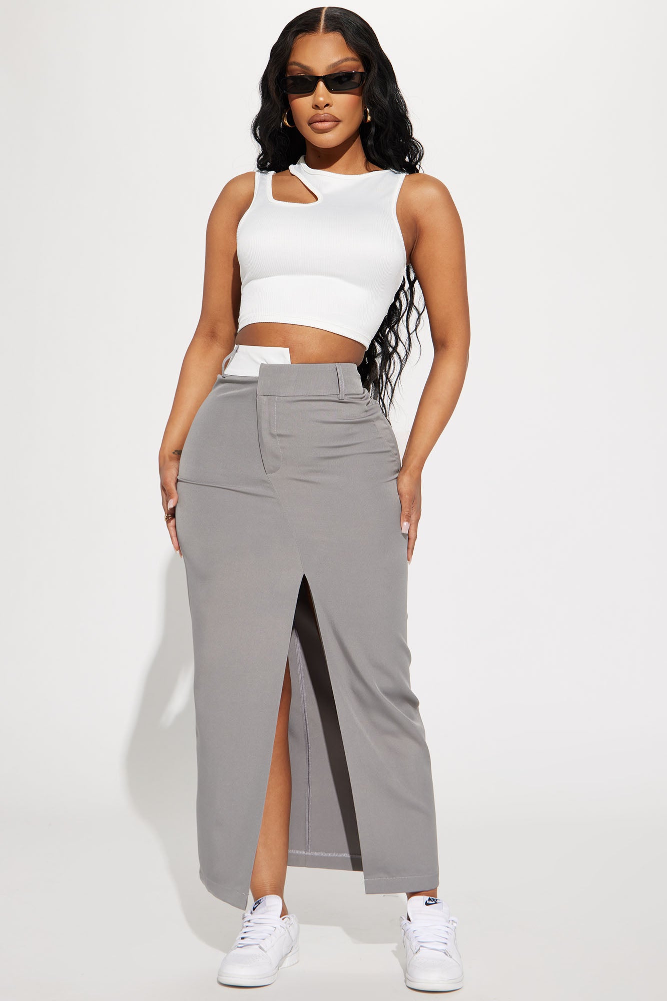 City Desire Fold Over Maxi Skirt Grey