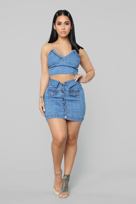 Blue jean top skirt fashion nova