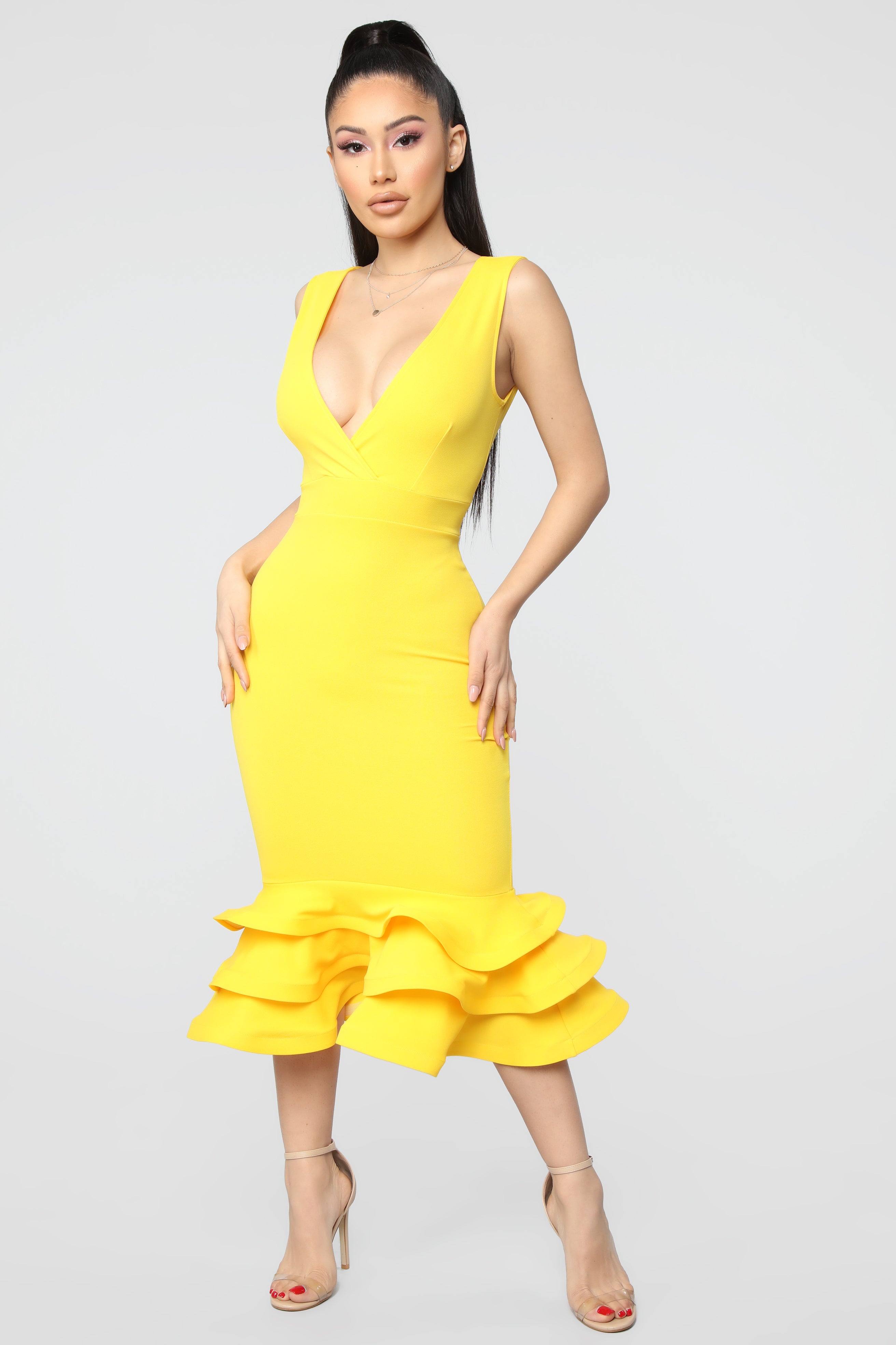 Yellow ruffle dress fashion nova 2025