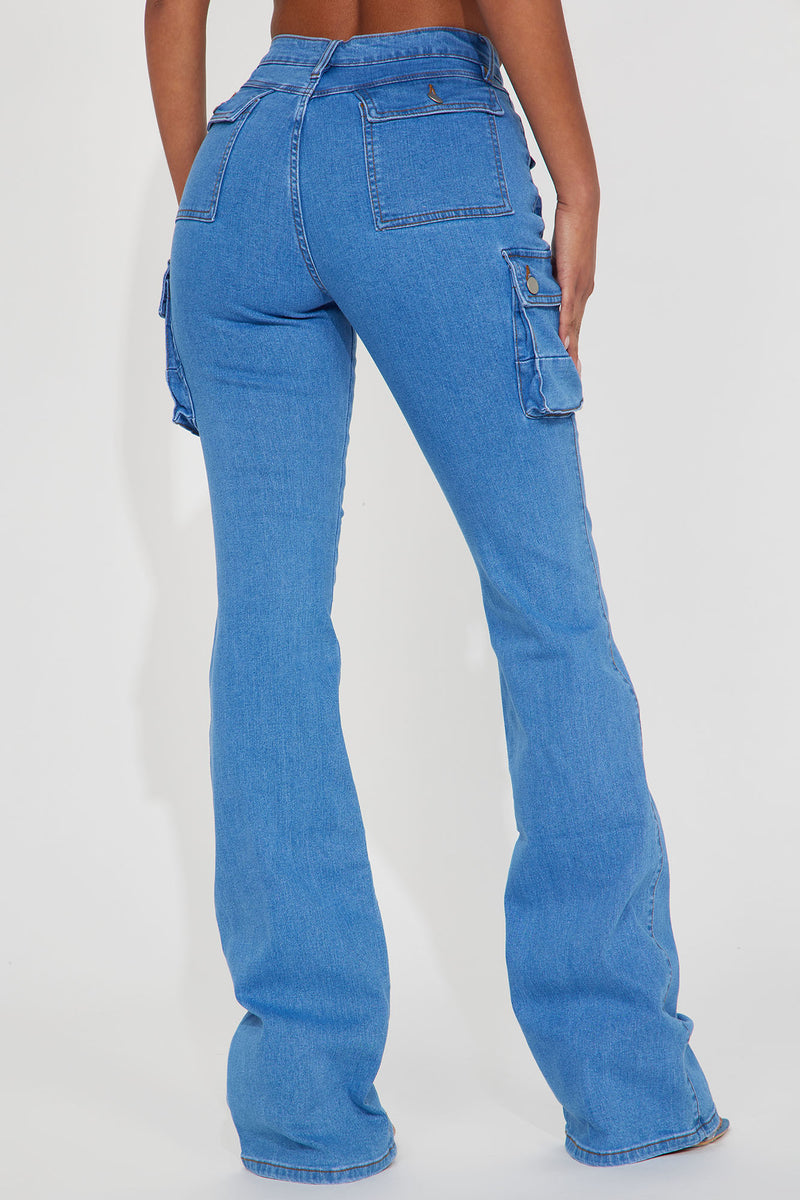 Tall Late Nights Mid Rise Cargo Flare Jeans Medium Blue Wash