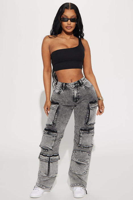 Fairfax High Rise Stretch Cargo Jeans - Acid Wash Grey, Fashion Nova, Jeans