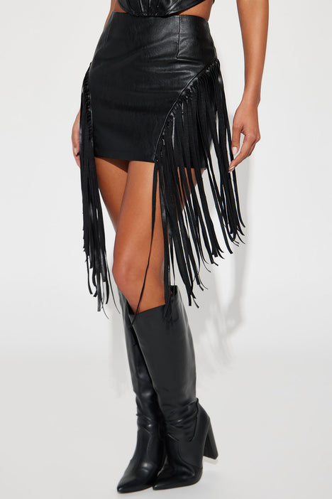 Wild Side Faux Leather Fringe Skirt - Black