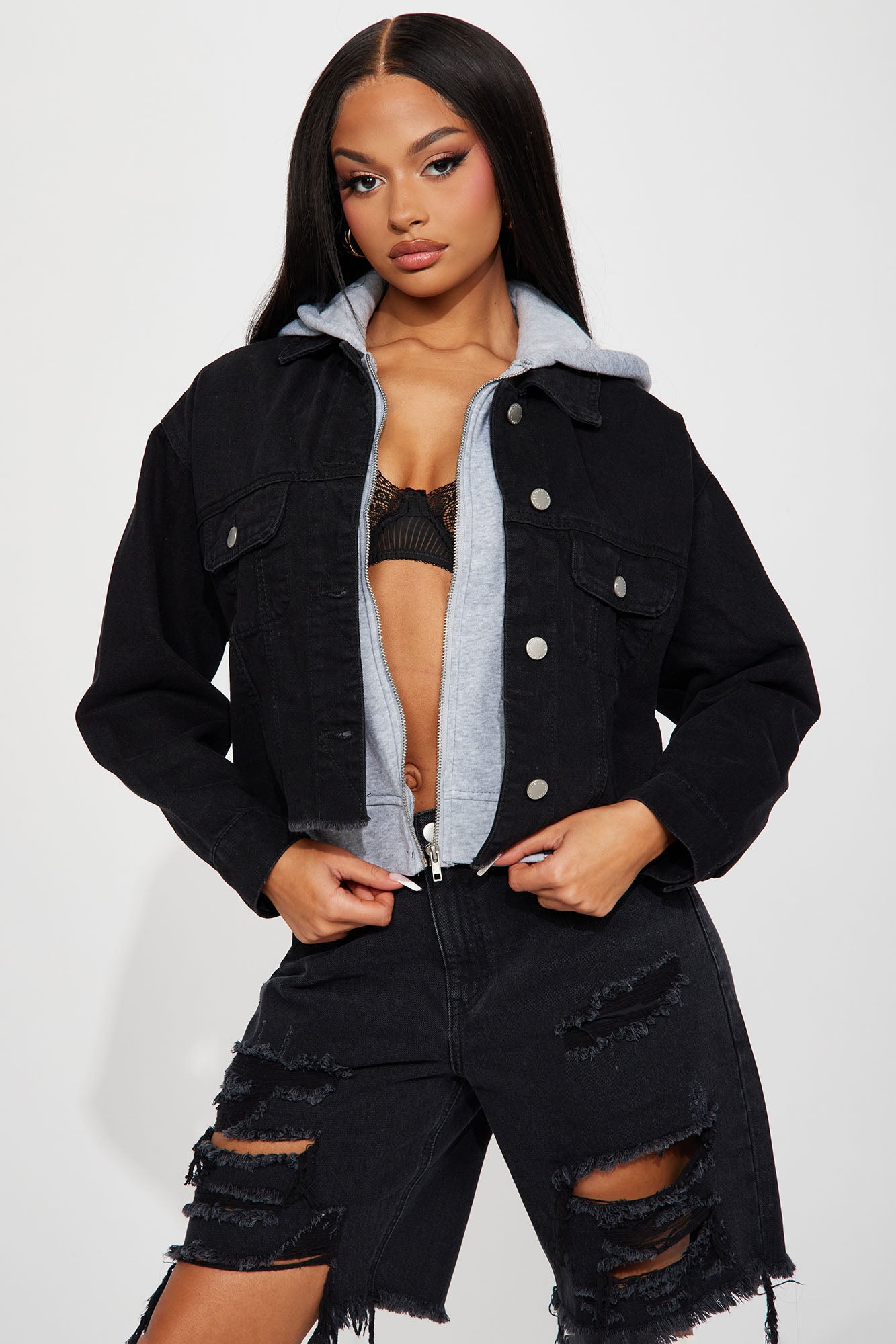 Black denim online hooded jacket womens