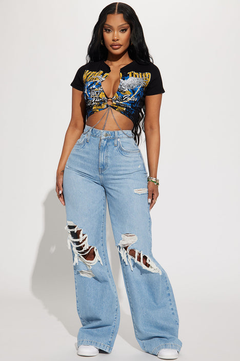 Not A Chance Ripped Non Stretch Wide Leg Jeans - Light Wash, Fashion Nova,  Jeans