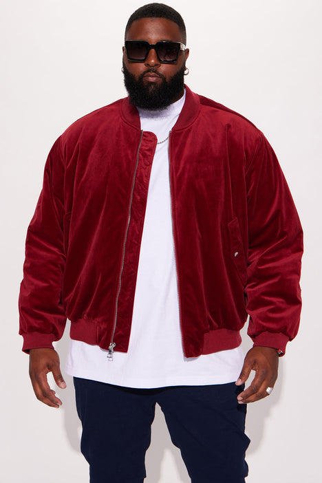 Burgundy velvet bomber hotsell jacket mens