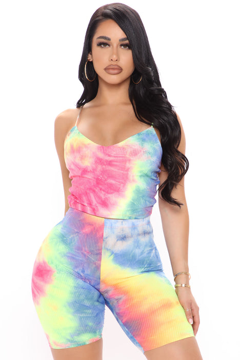 Too Close Tie Dye Biker Short Set Pink combo Fashion Nova