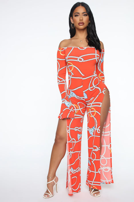 Expected You Off Shoulder Jumpsuit Orange combo
