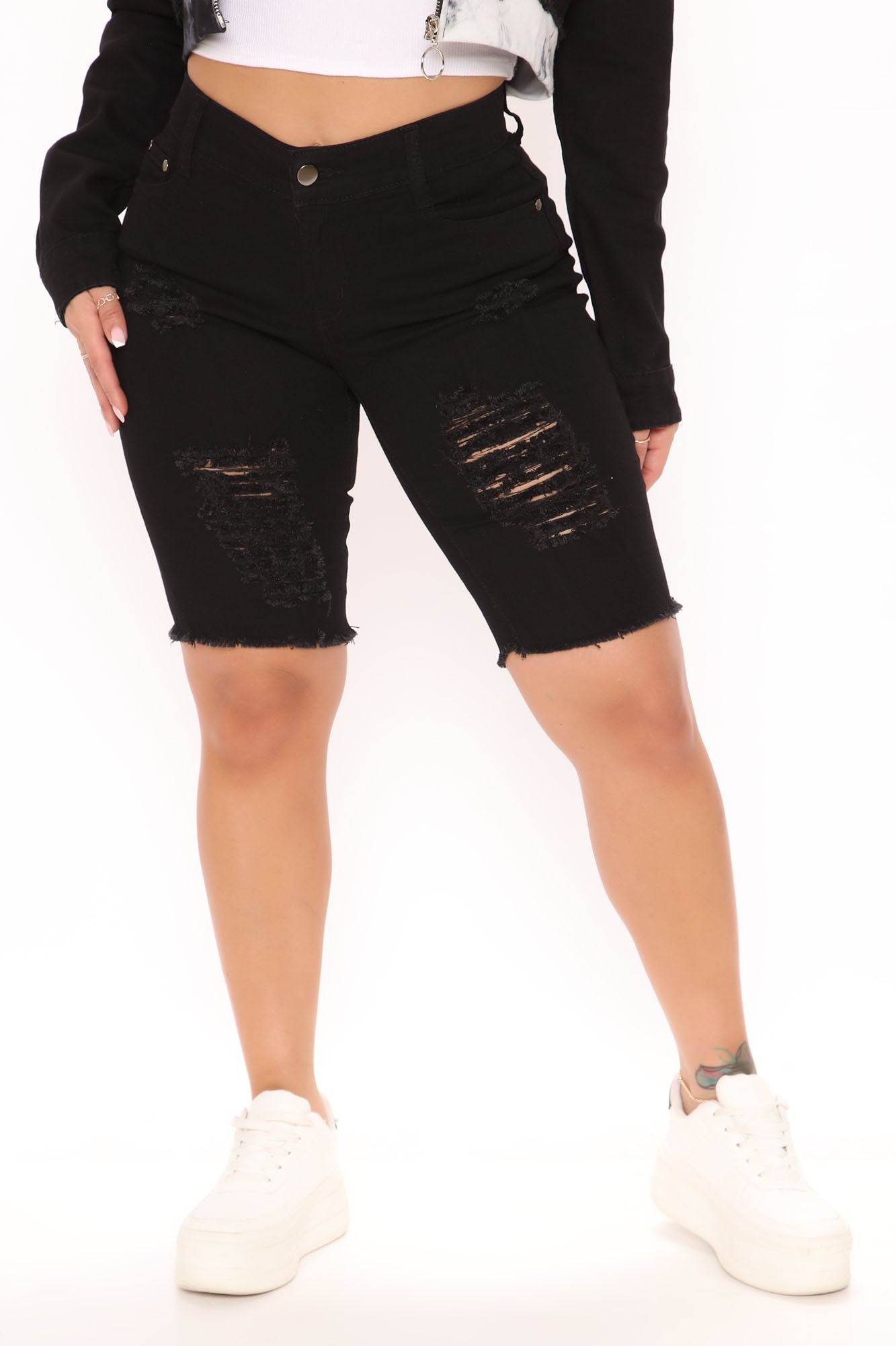 Distressed denim bermuda shorts sales black