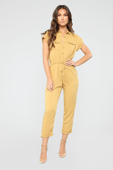 Head Start Button Front Jumpsuit Mustard Fashion Nova