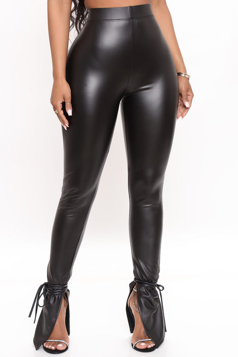 TE NECESSITO FAUX LEATHER HIGH RISE LACE UP LEGGINGS