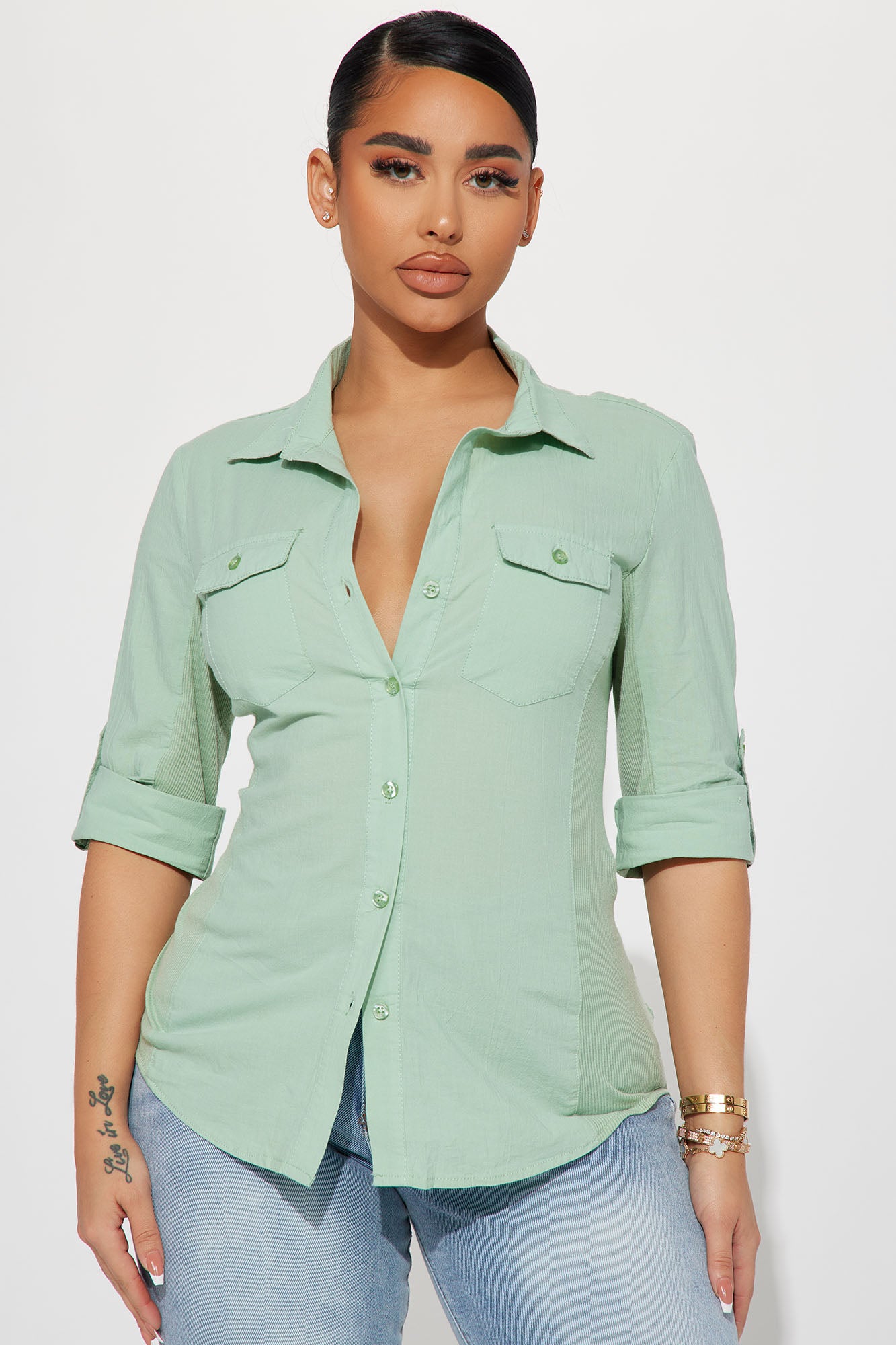Sage green top button up shirt