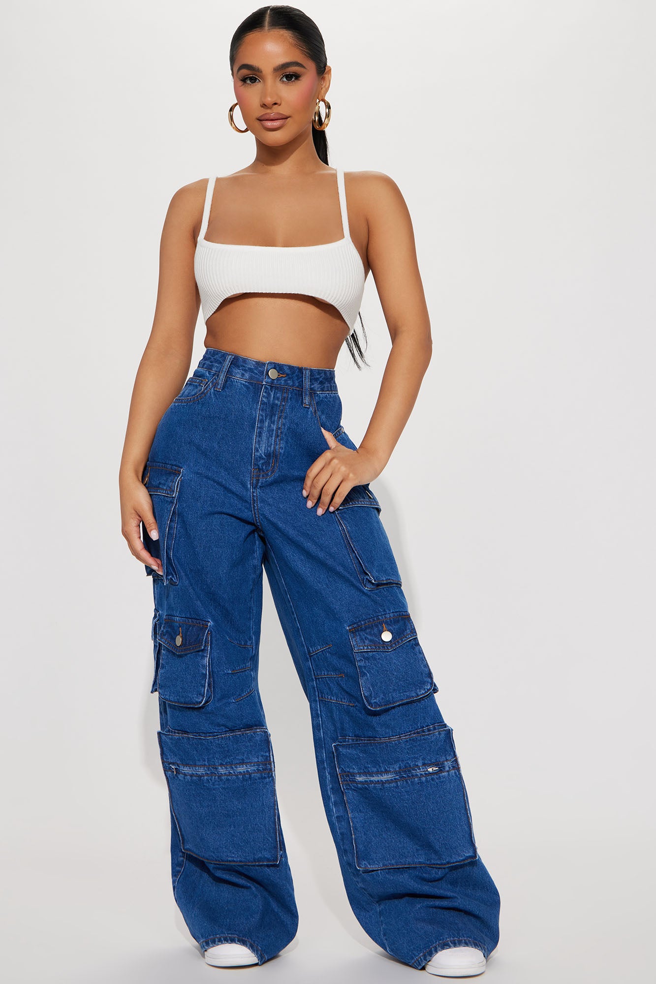 Petite Lily High Rise Cargo Jeans Medium Blue Wash Fashion
