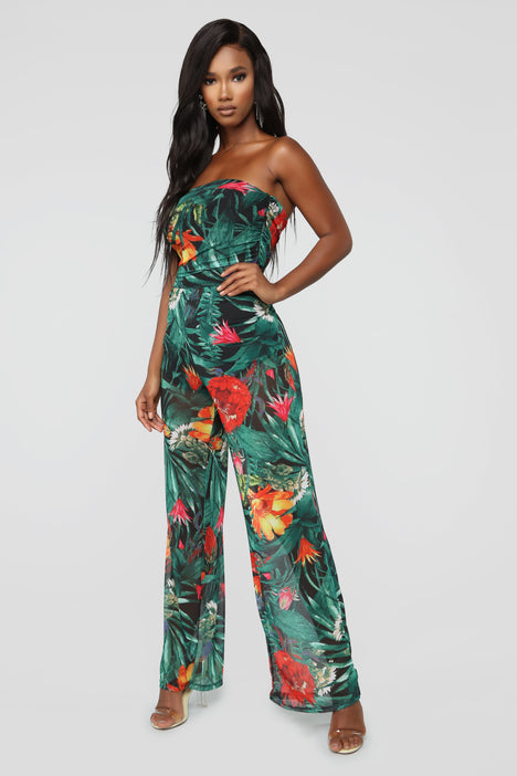 Tropical Goddess Mesh Jumpsuit Black Multi