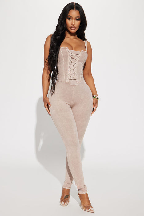 Tie Me Right Ribbed Jumpsuit - Taupe