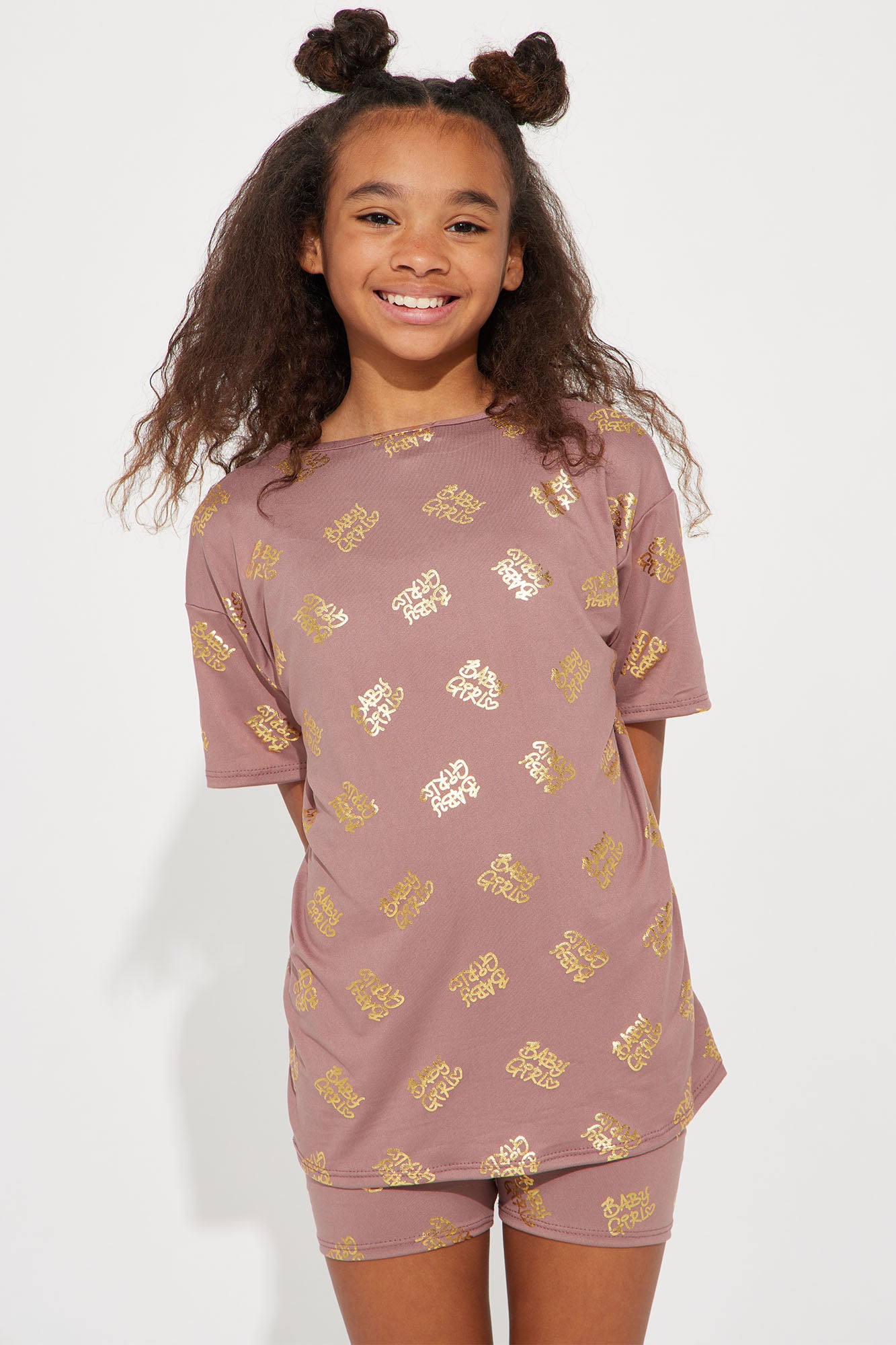Mini Chelsea Baby Girl Foil Print Biker Short Set Mocha